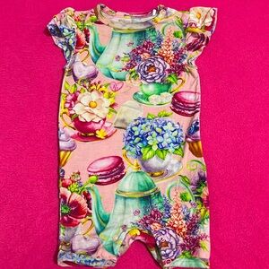 Posh peanut bamboo Elizabeth floral tea party romper ruffle outfit hydrangea 3-6
